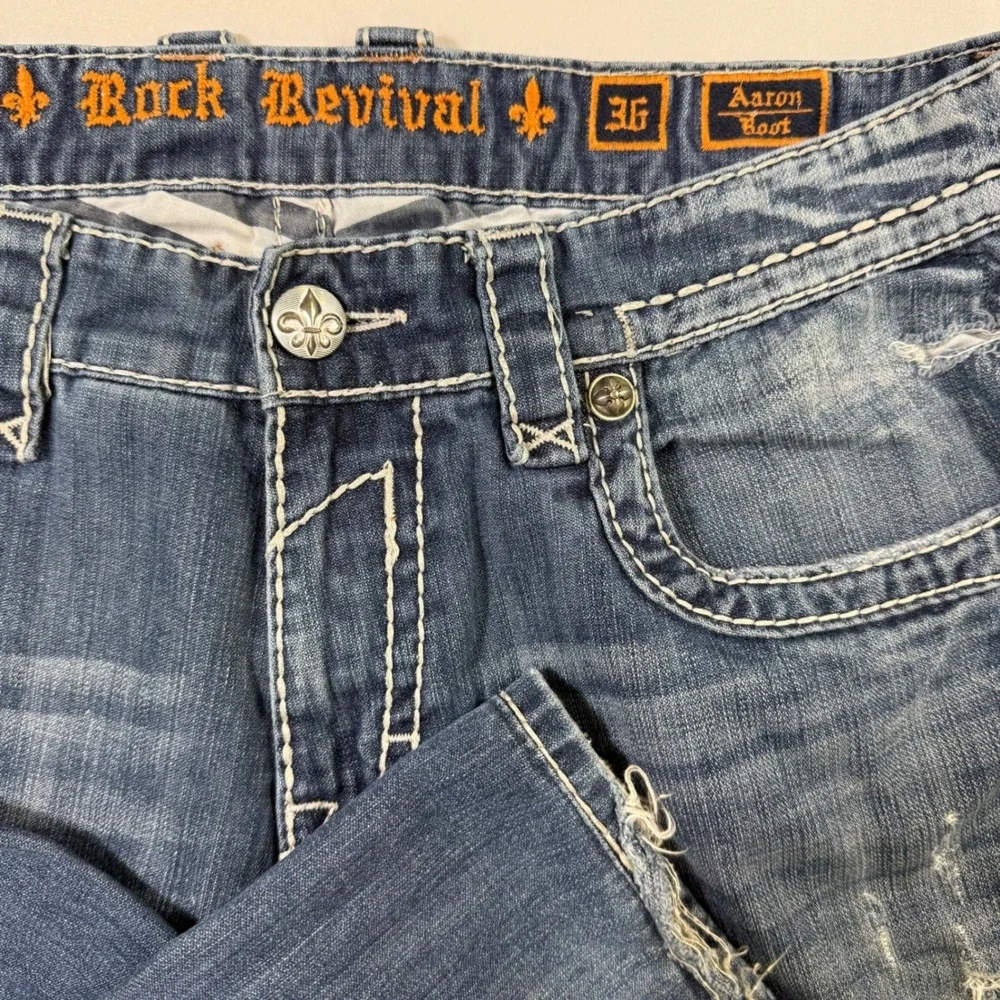 Rock Revival Jeans Mens 36 (fits 37x28) Blue Aaron Bootcut Distressed Moto Y2K